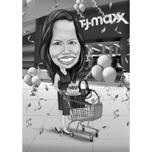 Grappige overdreven shopaholic dame in winkelcentrum karikatuur in zwart-wit stijl