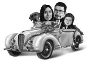 Famiglia in caricatura in stile bianco e nero del veicolo dalle foto