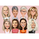 Özel Baş ve Omuzlar Grubu Tek Renkli Arka Planlı Kadın Karikatür Portresi