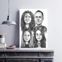 Ģimene ar bērniem Melnbalta karikatūra no fotogrāfijām, kas uzdrukātas uz plakāta