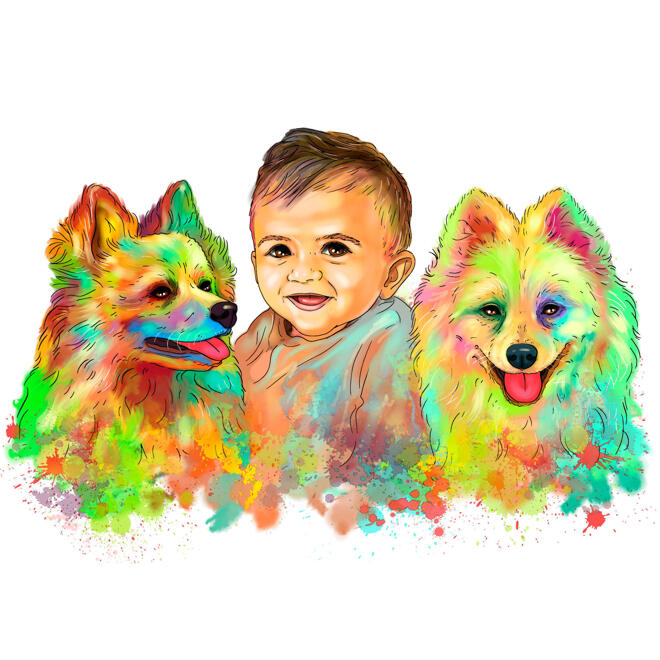 Bērns ar Pomerānijas suņiem galvu un pleciem karikatūras portrets akvareļu stilā