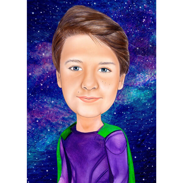 Kid supersankari karikatyyri valokuvasta Galaxy -taustalla