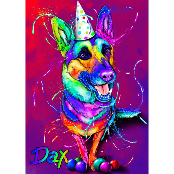 Deutscher Schäferhund-Party-Karikatur-Porträt im Aquarell-Stil mit farbigem Hintergrund