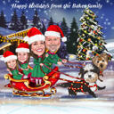 Kerstkarikatuur van de sleefamilie van de Kerstman met honden