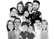 Regalo personalizzato per il ritratto del fumetto della celebrazione della celebrazione della vita del gruppo familiare personalizzato in stile bianco e nero