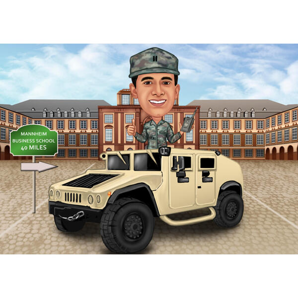 Caricatură militară - Desen persoană în mașină