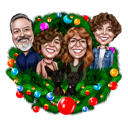 Christmas Family with Pets Caricature in Holiday Wreath