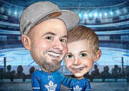 Father and Kid Caricature in Favorite Baseball Team Uniform