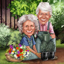 Caricatura de casal de jardineiros com fundo personalizado