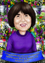 Ritratto di bella donna del fumetto in stile a colori con sfondo di fiori da foto