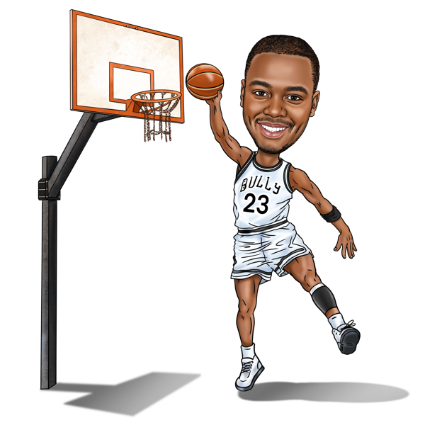 Jogador de basquete de corpo inteiro com caricatura de cesta