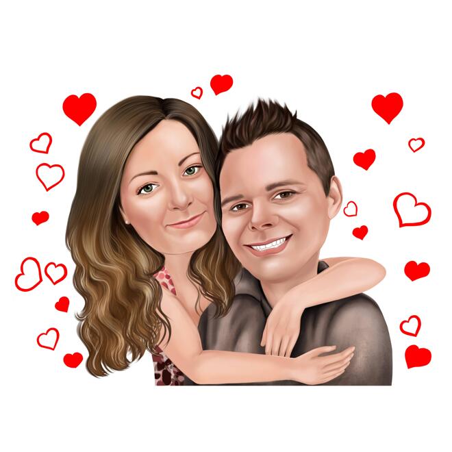 Embracing Couple Cartoon Drawing from Photo with Hearts Background