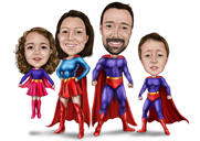 Família de super-heróis com caricatura de duas crianças de fotos com fundo de noite misteriosa