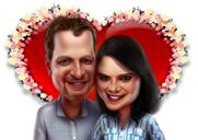 Förlovningskarikatyr med blomdekorationer för jubileumspresent