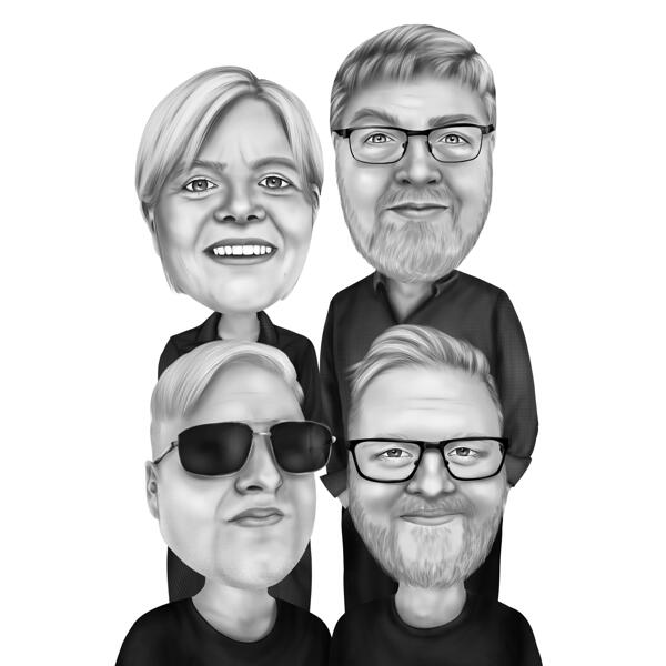 Caricatură exagerată a patru persoane în stil alb-negru din fotografii