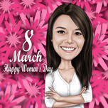 Colored Caricature Card Gift with Blossoming Floral Background for 8 March Women's Day