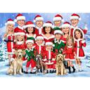 Christmas Santa Family with Pets Caricature