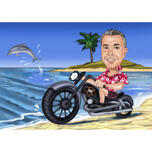 Caricatura del motociclista con sfondo colorato