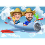Caricatura de amigos con sombreros hawaianos y aviones