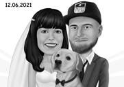 Retrato de pareja en blanco y negro con cachorro labrador