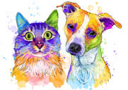 Two Mixed Pets Cartoonish Portrait in Watercolor Style from Photo