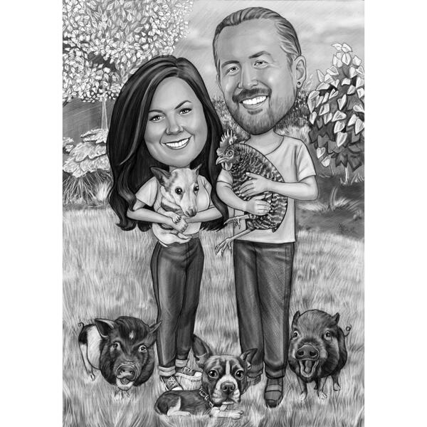 Bauernpaar mit gemischten Haustieren Cartoon-Portrait im Schwarz-Weiß-Stil