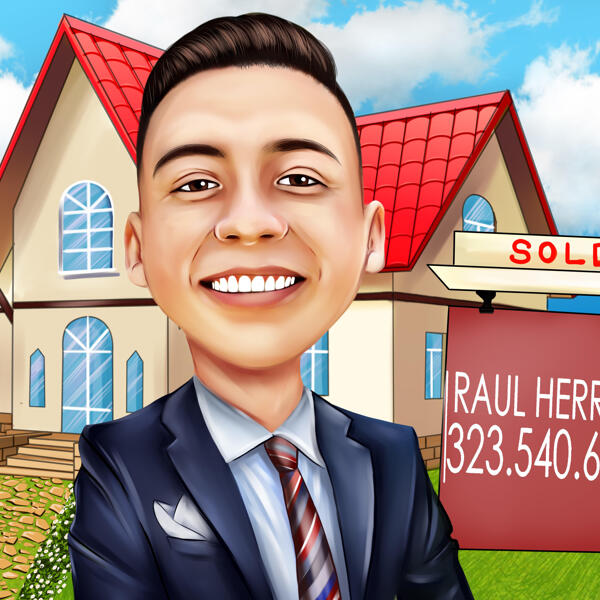 Dibujo de caricatura de un agente inmobiliario con información comercial