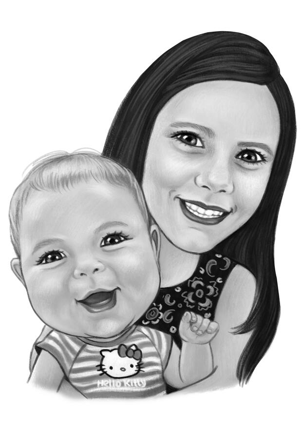 Mother with Baby Girl Cartoon Drawing from Photos in Black and White  Digital Style