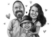 Couple with Baby Portrait Caricature from Photos Drawn in Black and White Style