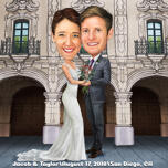 Bruid en bruidegom cartoon met locatie achtergrond