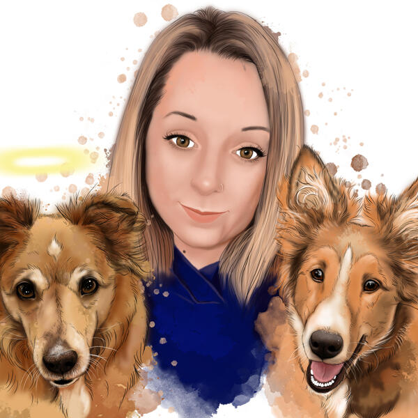 Retrato Memorial do Proprietário com Animais de Estimação em Estilo Aquarela