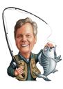 Карикатура на человека с большой рыбой в цветном стиле для подарка рыбаку
