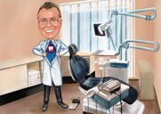 Caricatura divertente del dentista pediatrico in stile colore da foto