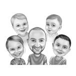 Tatăl cu copii caricatură în stil alb-negru