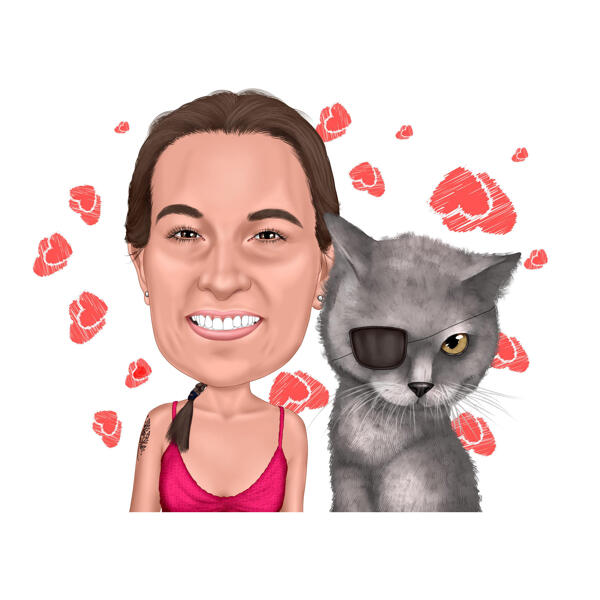 المالك مع رسم كاريكاتوري قطة قرصان ملون بخلفية قلوب