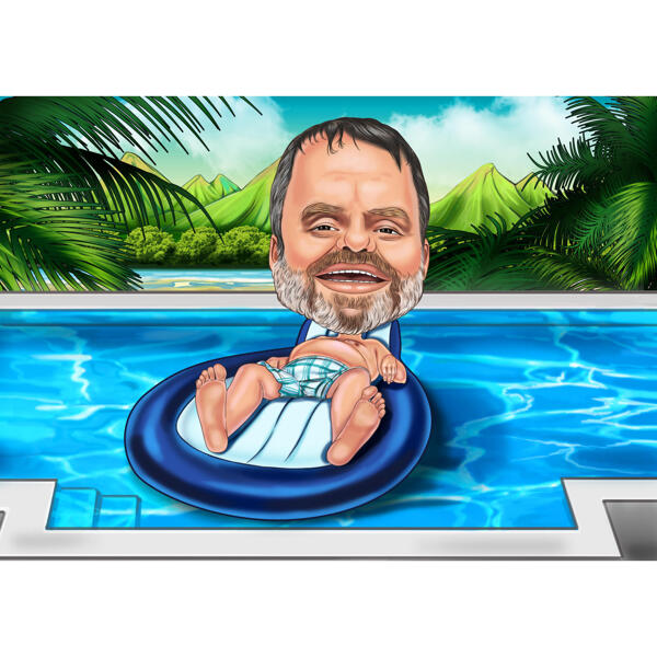 Caricatură personalizată pentru întregul corp cu fundal de piscină