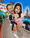 Couple with Bicycle Adventure Ride with Custom Background in Colored Style for Gift