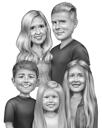 Şükran Günü Kartı Hediyesi için Fotoğraflardan Siyah Beyaz Aile Karikatür Portresi