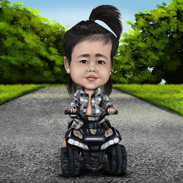 Kid on a Quad Bike Caricature Gift with Custom Background in Color Style