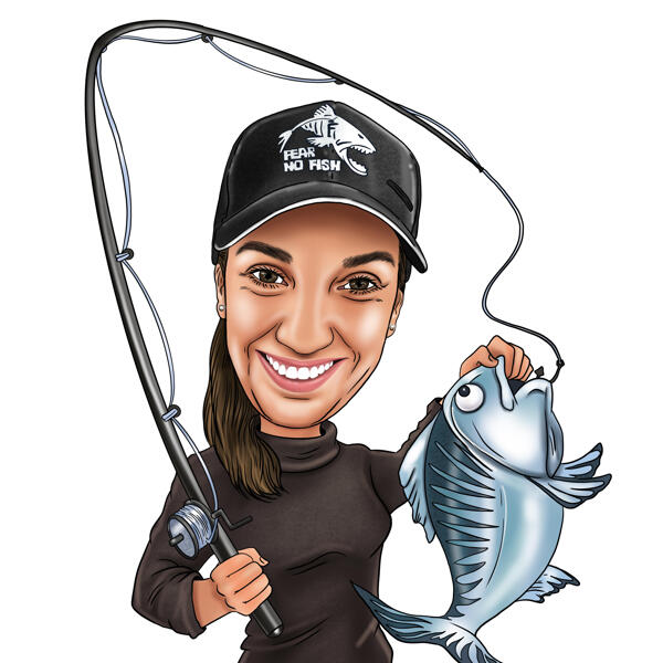 Karikatura dívky s rybářským prutem