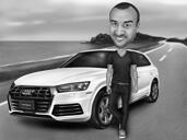 Melnbalta cilvēka karikatūra ar automašīnas fonu