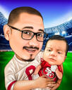 Father and Kid Caricature in Favorite Baseball Team Uniform