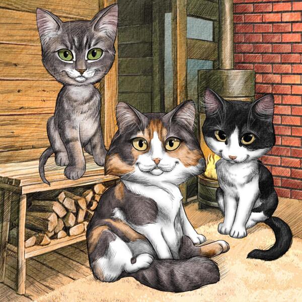 Kattegruppe -karikatur fra fotos med baggrund