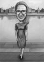 Exaggerated 30 Years Girl Caricature in Monochrome Style with Background for Custom Birthday Gift
