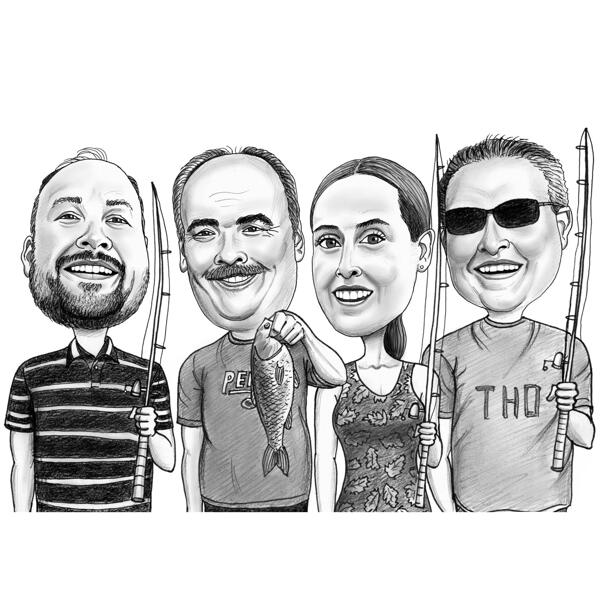 Fishing Group Caricature in Black and White Style from Photos