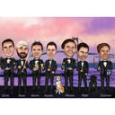Dibujo de caricatura de padrinos de boda con fondo de puente