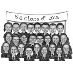 Caricature de groupe en noir et blanc d'une classe d'école