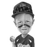Caricature d'un enfant de baseball en noir et blanc