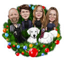 Christmas Family with Pets Caricature in Holiday Wreath