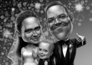 Casal com caricatura de retrato de bebê de fotos desenhadas em estilo preto e branco